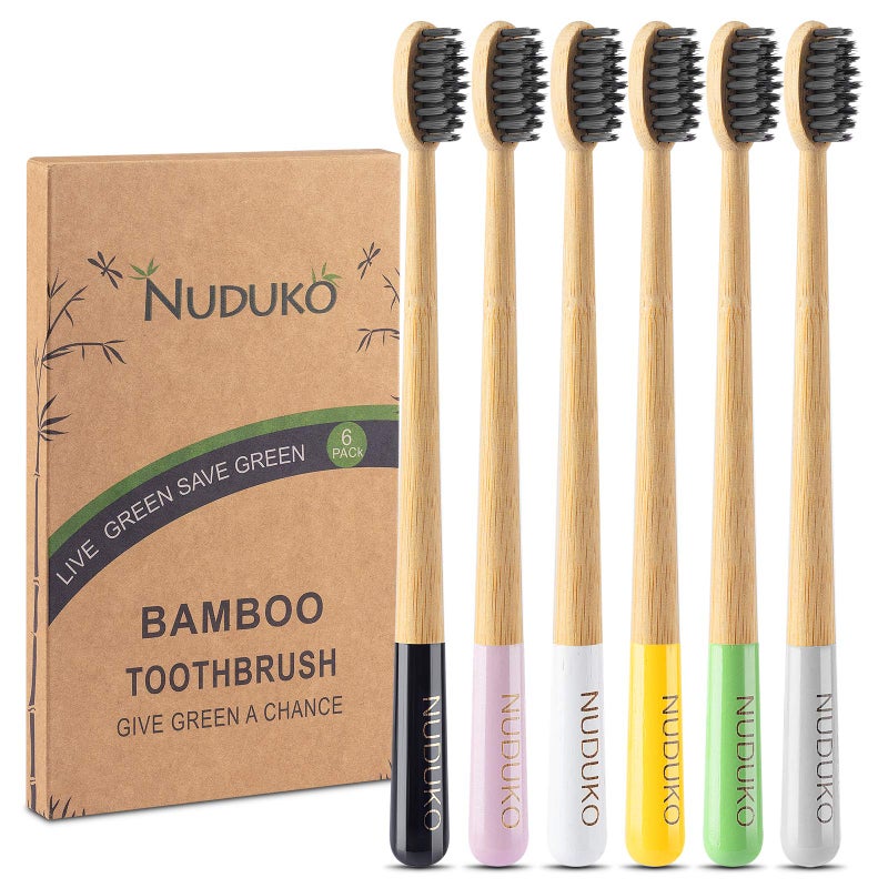 NUDUKO Biodegradable Charcoal Toothbrush Bamboo Toothbrushes - 6 Pack Eco-Friendly, Natural Wooden Tooth Brush, BPA Free Travel Size Organic Soft Bristle Toothbrushes for Adults, Cone Handle - Image 1